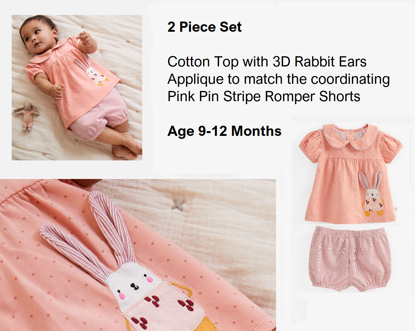 Next 2 Piece Set -Peachy Pink 3D Rabbit Applique Top + Romper Shorts 9-12 Months