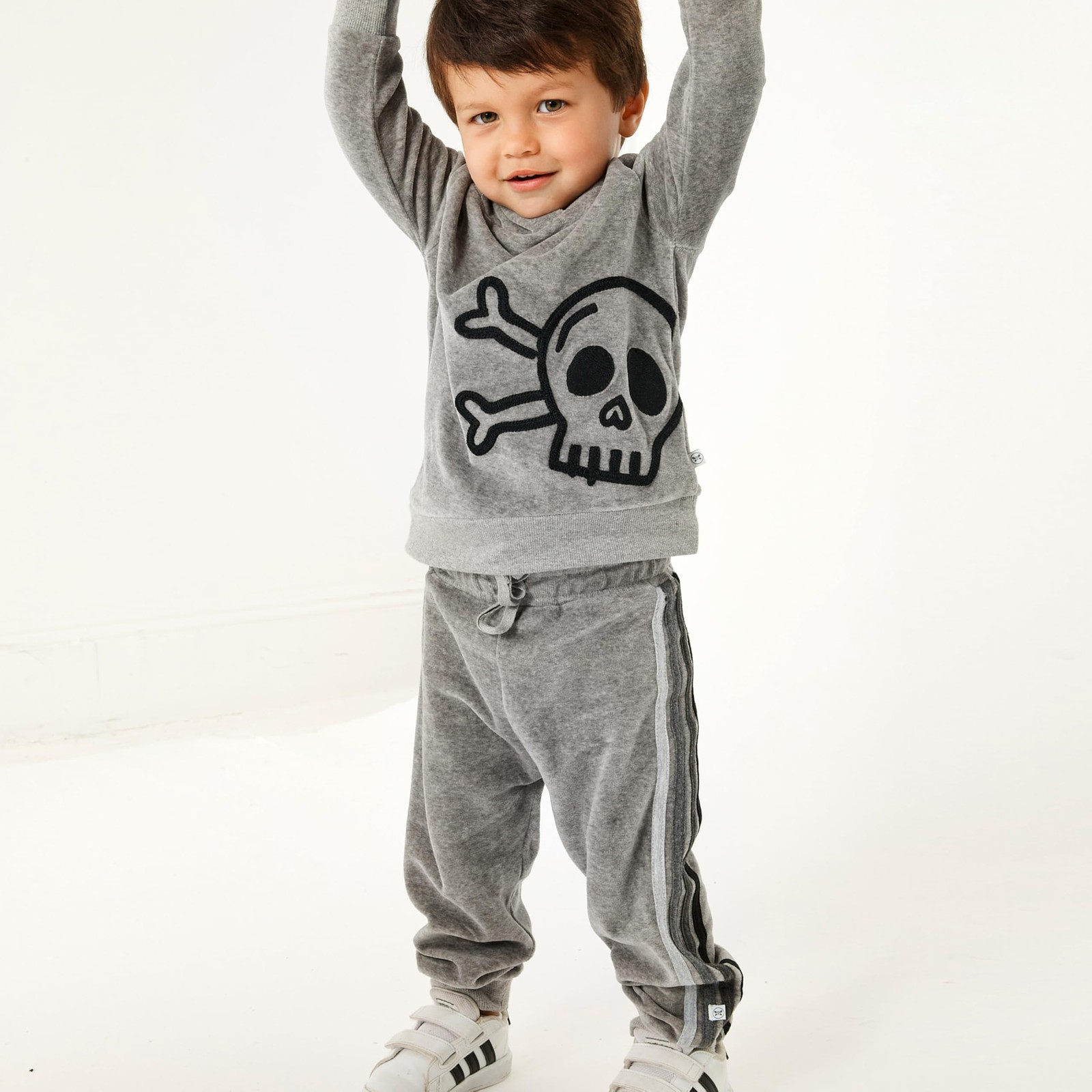 HonestBaby Velour Pullover Hoodie and 6-9 Months, Heather Gray Skull Stripe