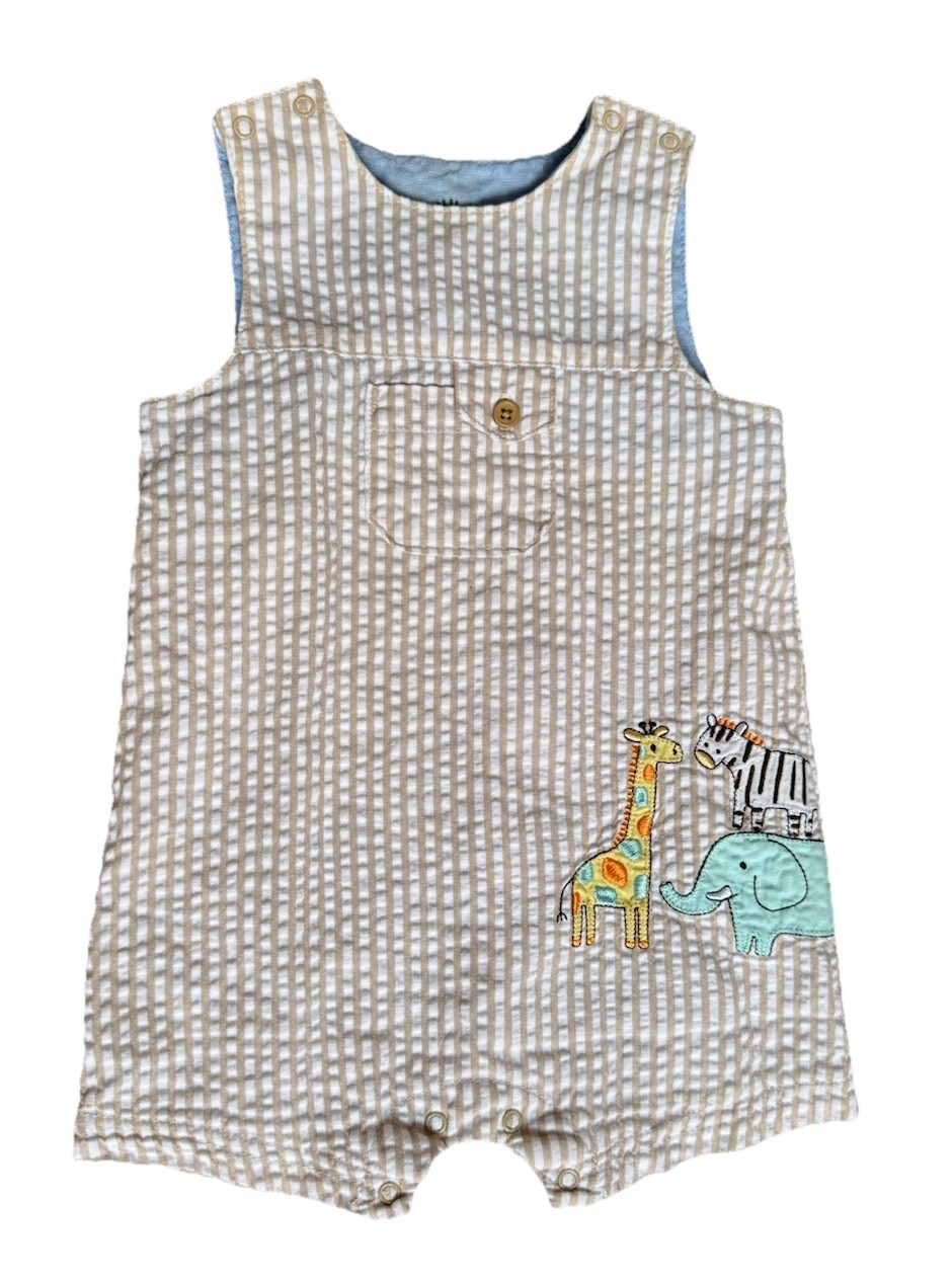 Little Me Baby Boy Shortall Seersucker Beige Striped Zoo Animals Embroidered 9Mo