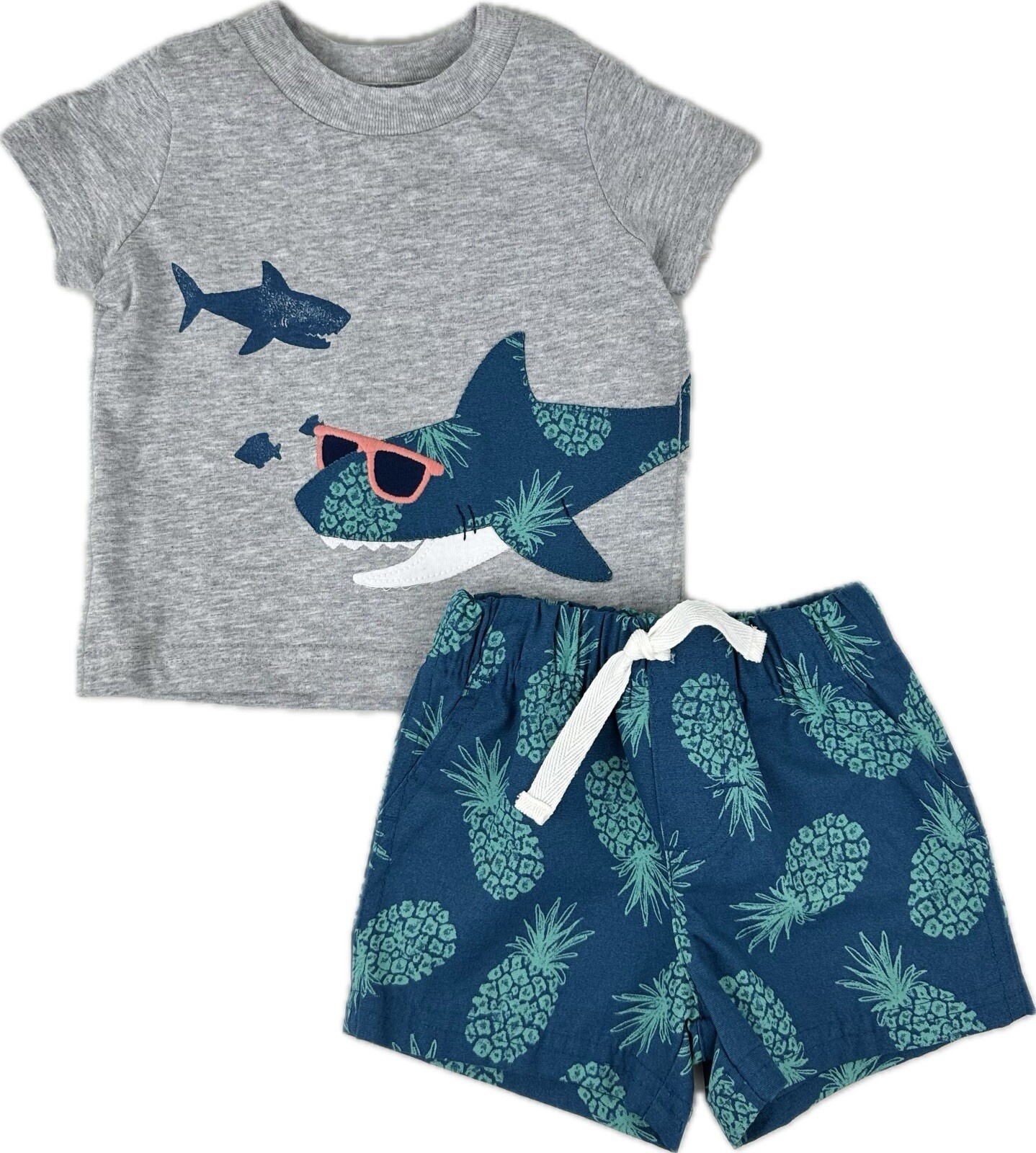 Just One You Baby 2 Pc Blue Grey Cotton Shark Pineapple T Shirt Shorts Set 3 MO