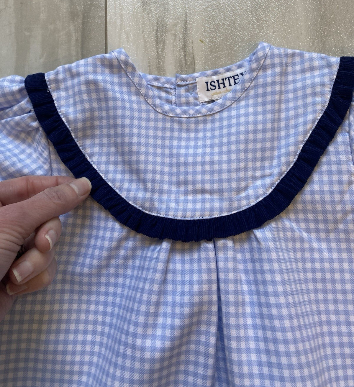 New! Ishtex Blue Check Shirt With Matching Navy Blue Corduroy Bubble Shorts, 24M