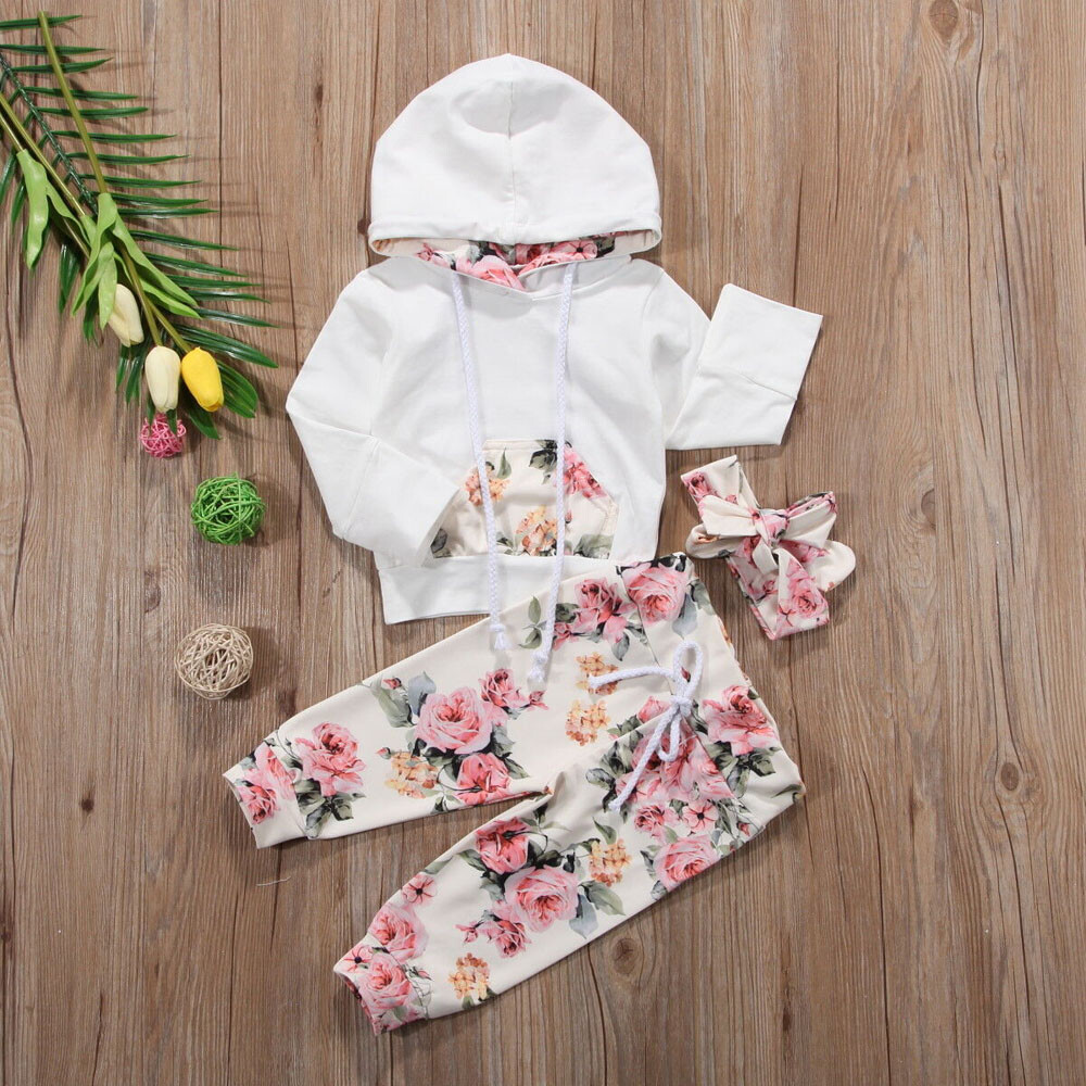 Newborn Baby Girls Tracksuit Floral Hooded Tops Pants Trousers Outfits Clothes