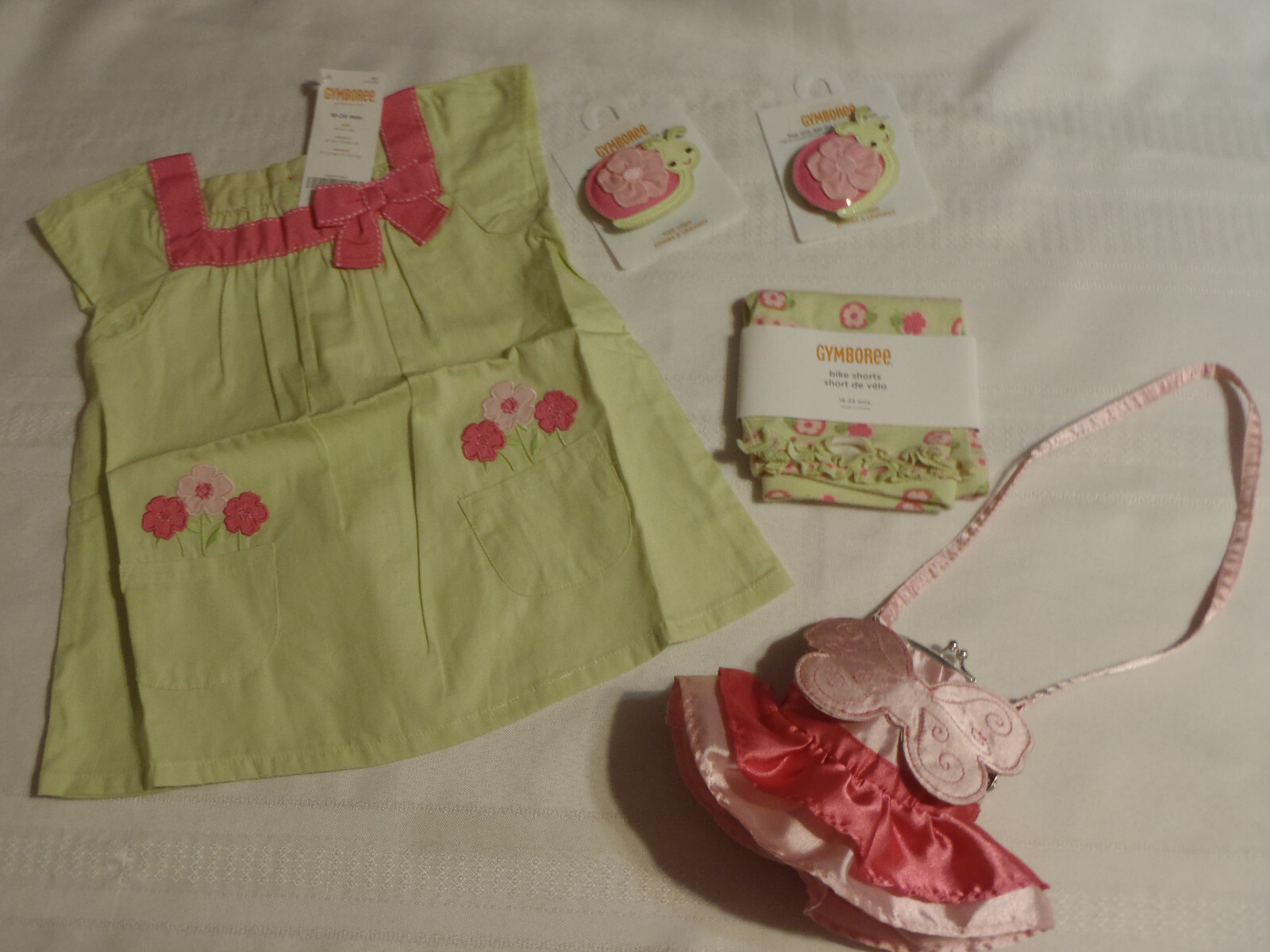 Gymboree Fairy Garden 18-24 Month Shirt Bike Shorts Hair Clips Purse Outfit