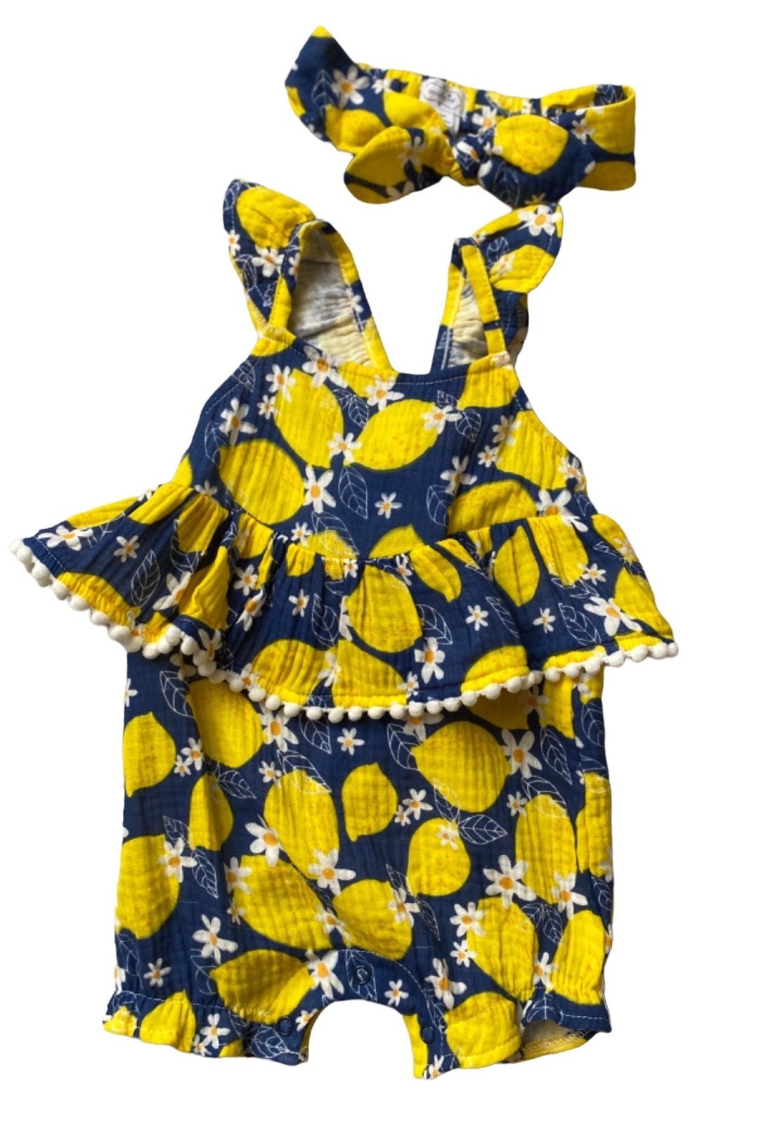 Mud Pie girl 9m 12m Lemon cotton gauze romper headband set NWOT blue yellow