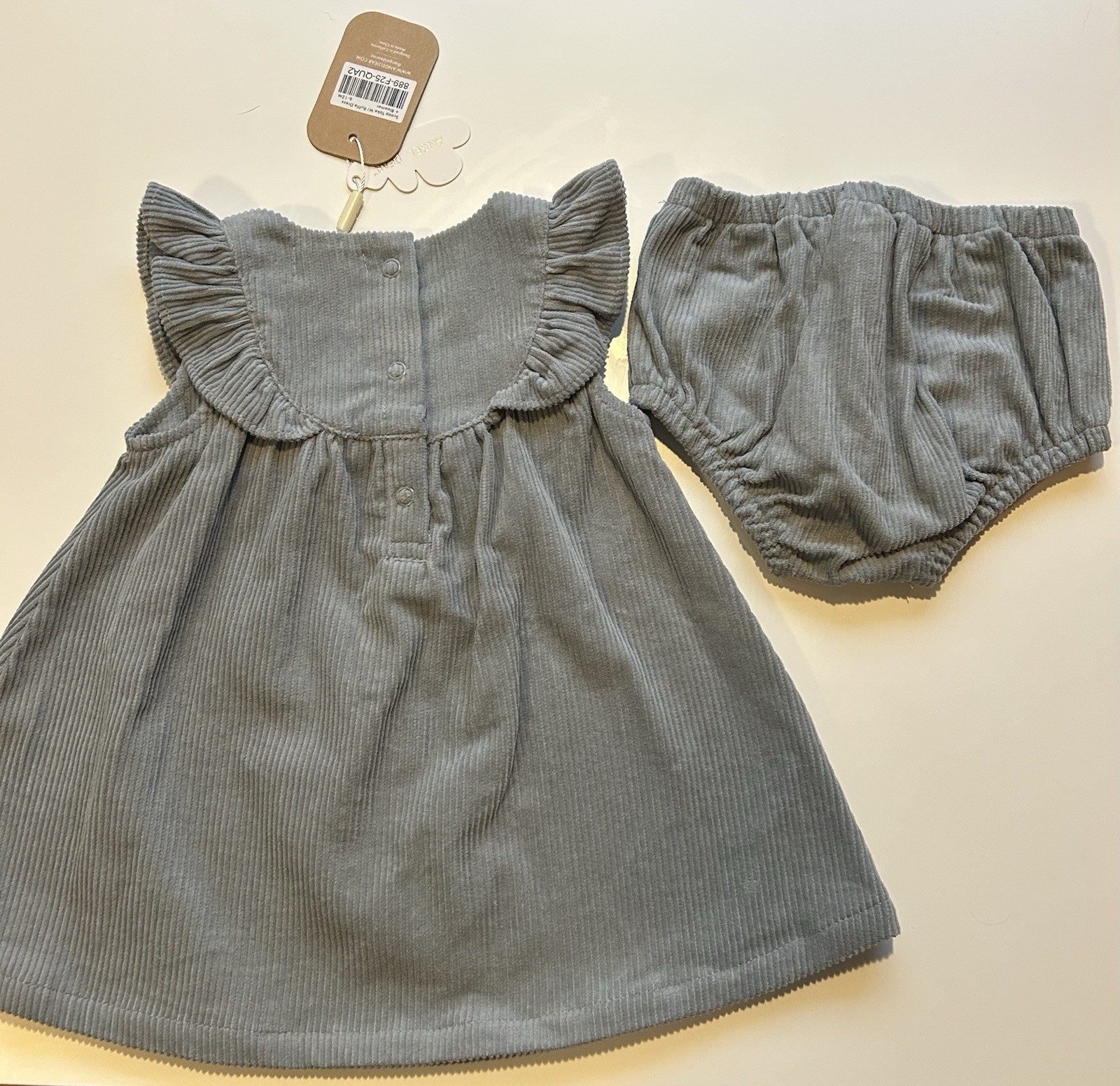 Angel Dear Scoop Yoke Ruffle Corduroy Dress & Bloomer Set Gray 6-12 Months
