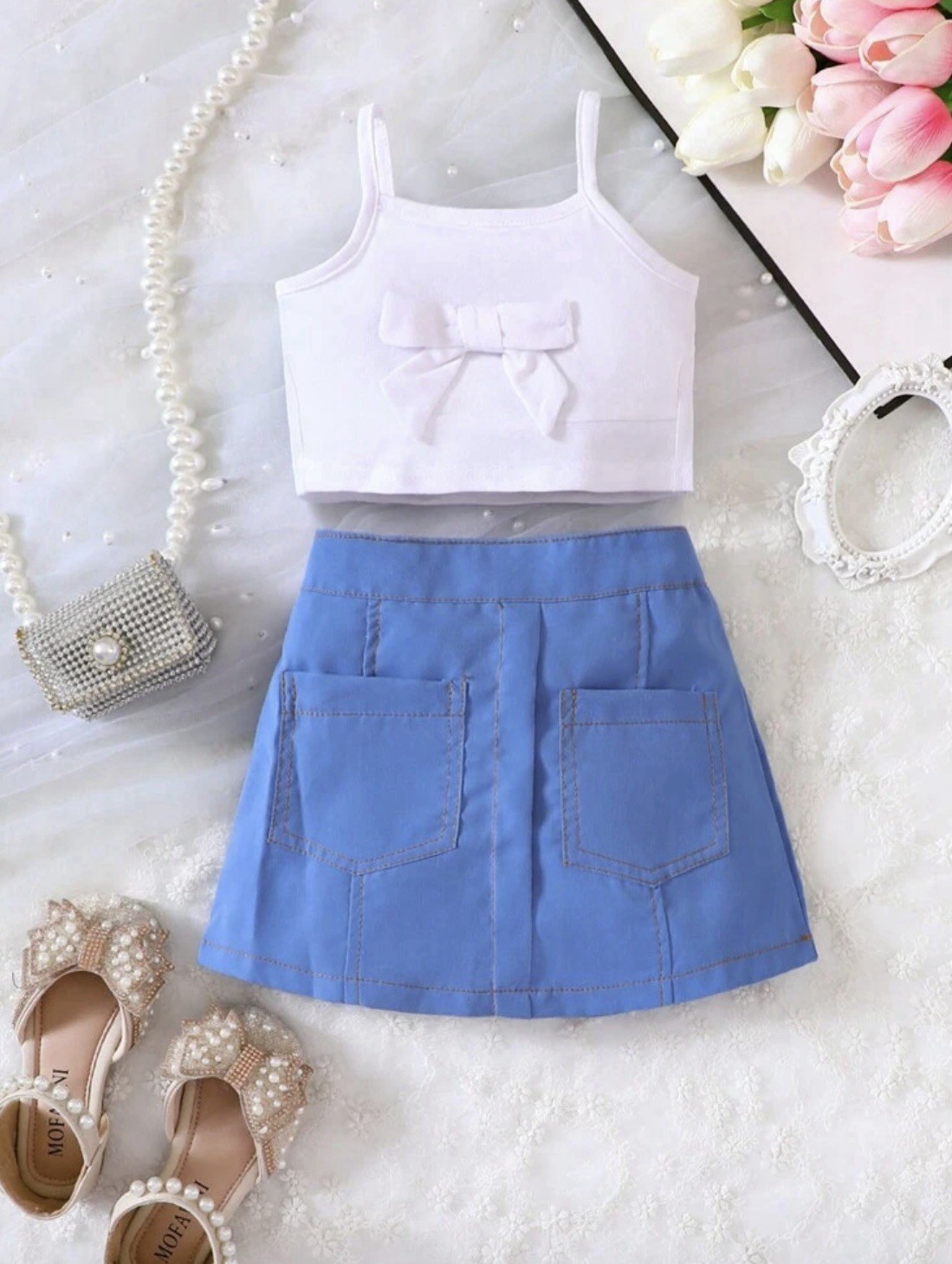 Girls Blue & White Bow Front Cami Top & Dual Pocket Skirt Set Age 2-3 Years