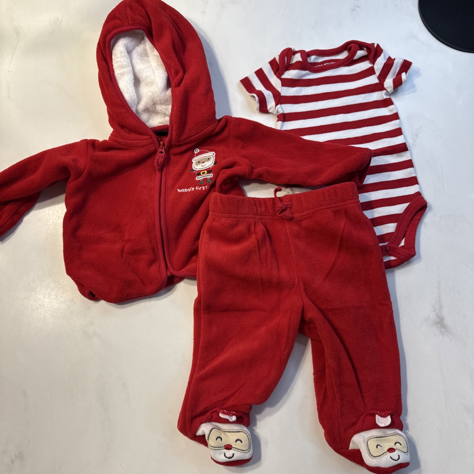 Baby’s First Christmas 0 -3 Month 3 Piece Set, Coat, Bodysuit, Pants Santa Red