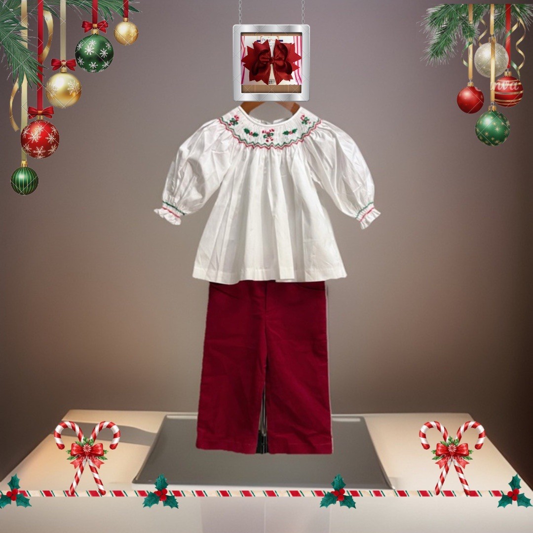 Girls NWT Fantasie Kids Smocked Pants Set Dress Top Christmas Free Bow 18 Months