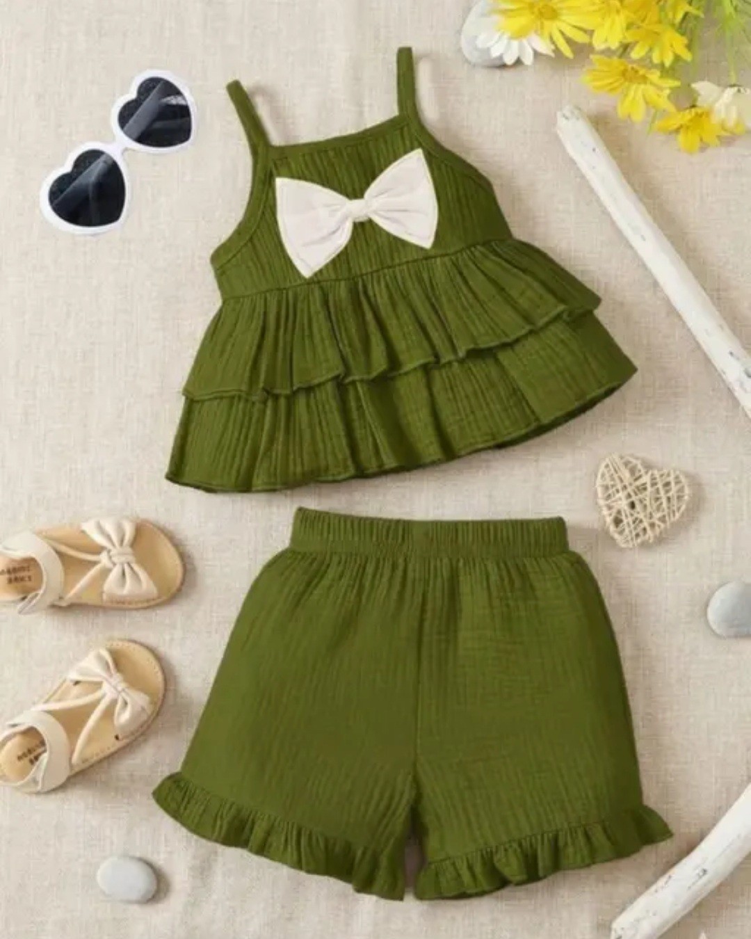 Baby Girls Ruffle Bow Co-Ord Set – Soft Summer Camisole Top & Shorts