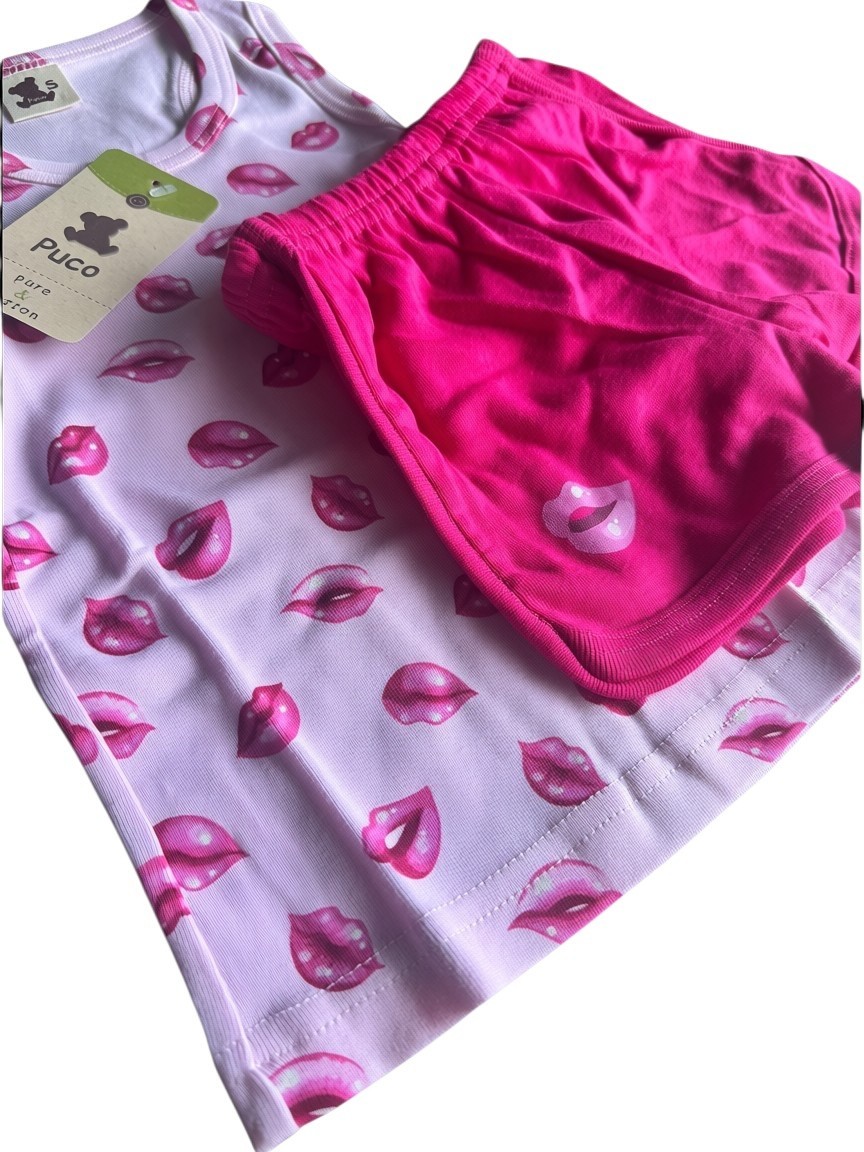 Puco Toddler Girls 2pc Set Lips Print Korean Tank Top Shorts Outfit 100% Cotton