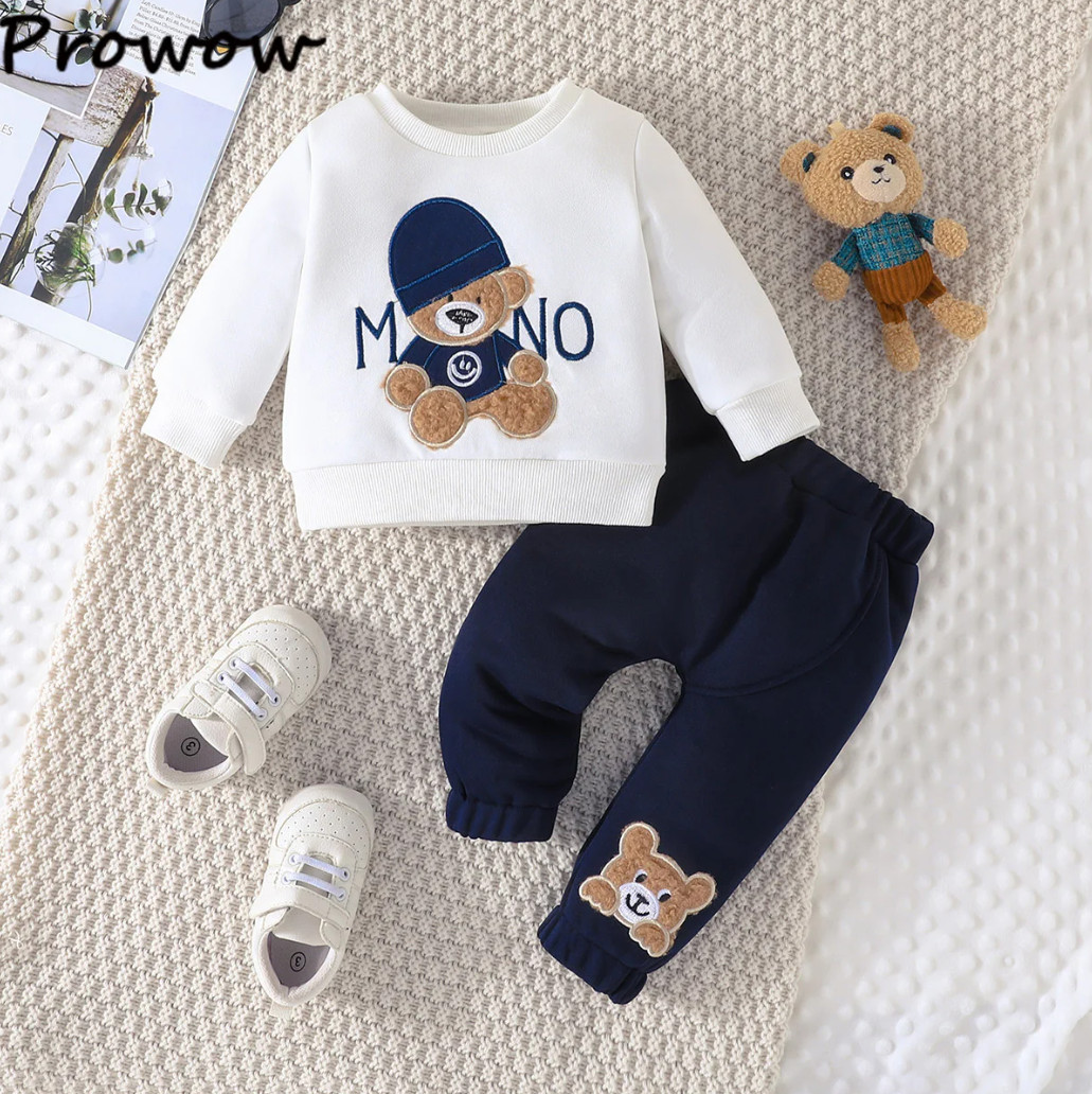 Baby Boy Blue Winter Outfit Set Embroidery Letter Cartoon Bear Sweater Top Pants