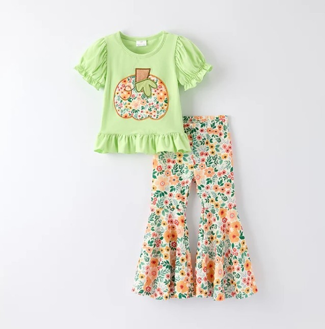 NEW Boutique Floral Pumpkin Shirt & Bell Bottoms Girls Outfit Set