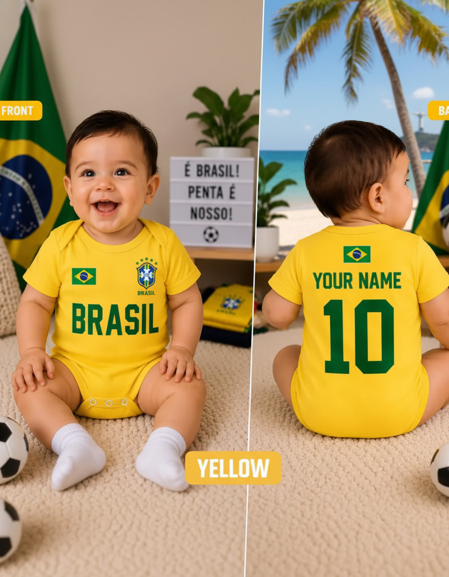 Brazil Baby Soccer Bodysuit, Personalized Name Number Baby Jersey, Flag WC 2026