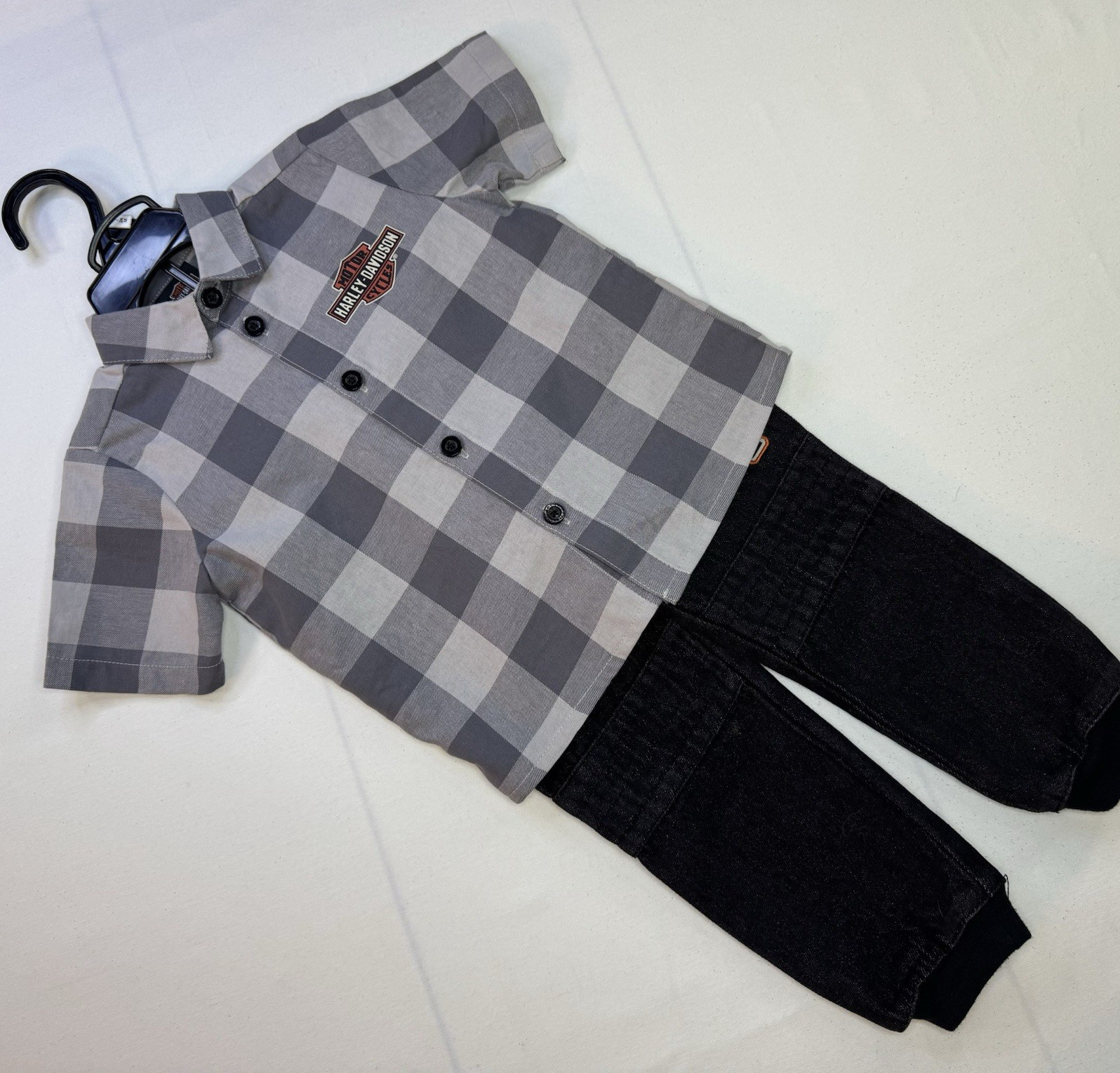 Harley Davidson Infant Boys 2pc Set Plaid Shirt & Denim Pants Size 18/24M NEW