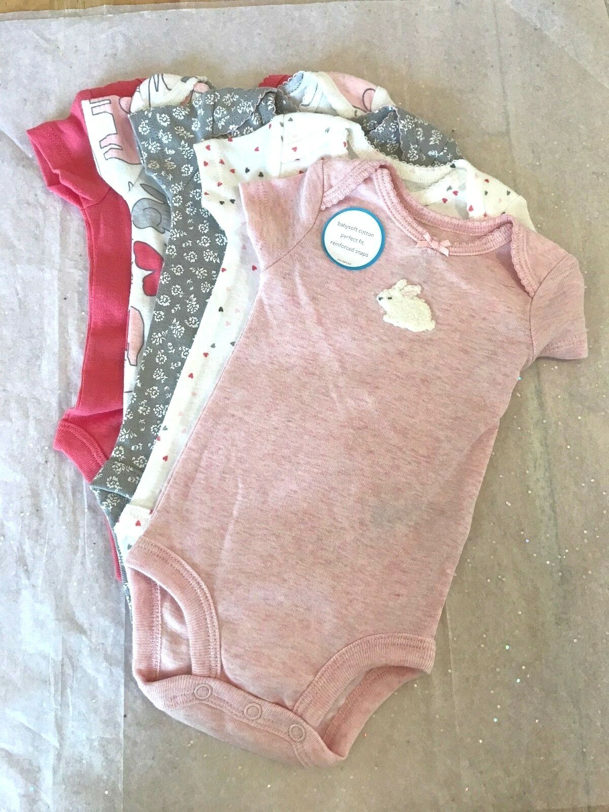 CARTER’S 5 PACK GIRLS BODYSUITS GREAT COLORS NWT~ PINK GREY WHITE BUNNY