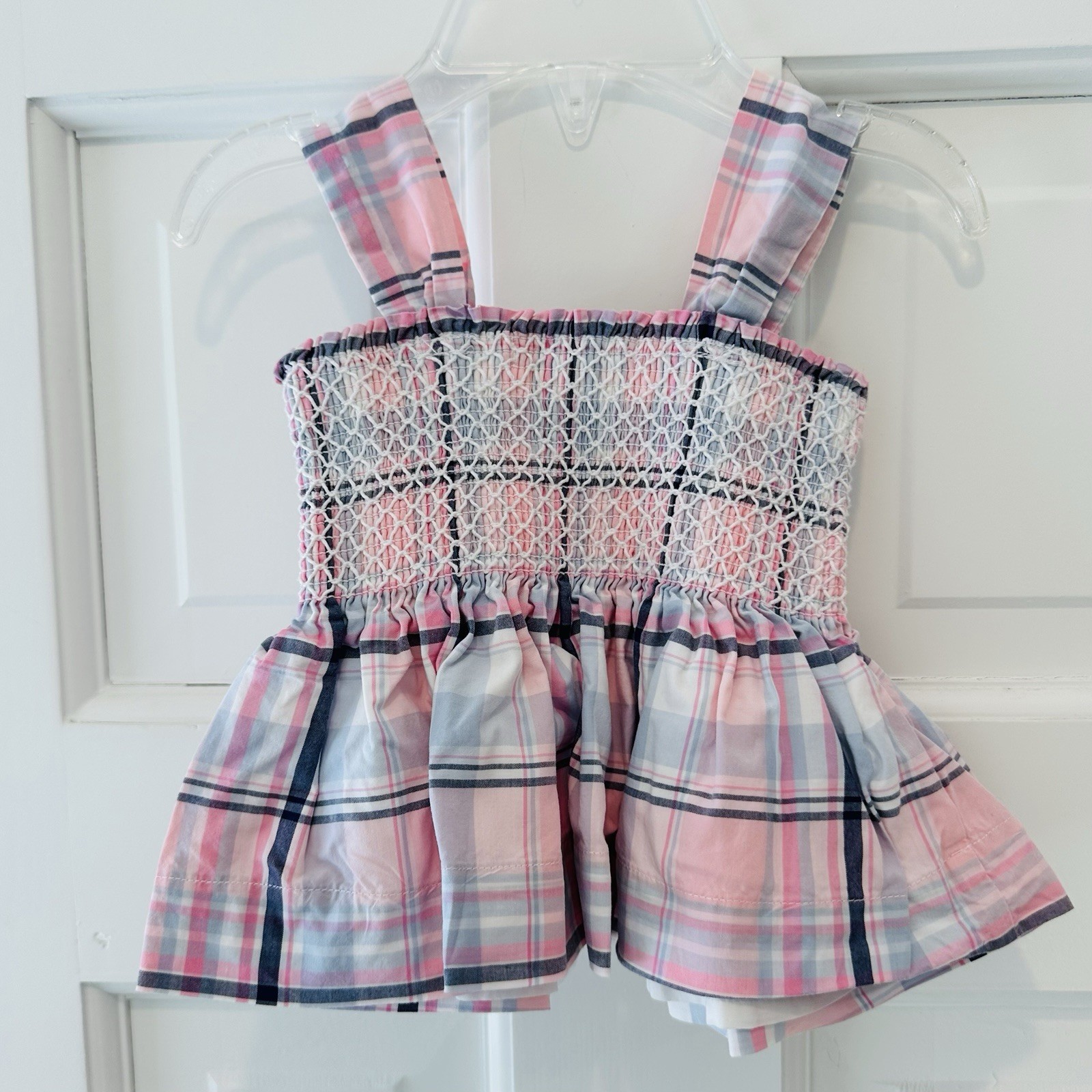 Janie and Jack Pink and Blue Plaid Tunic & Bubble Shorts w Headband 6-12M