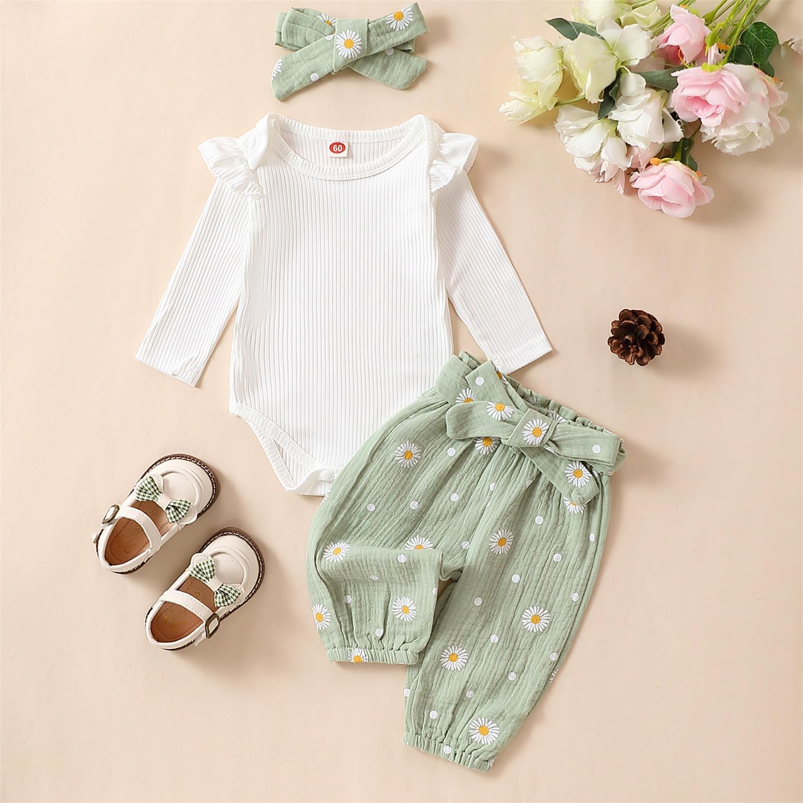 Kaipiclos Newborn Infant Girl Clothes Rib Knit Romper 0-3 Months, Daisy Green