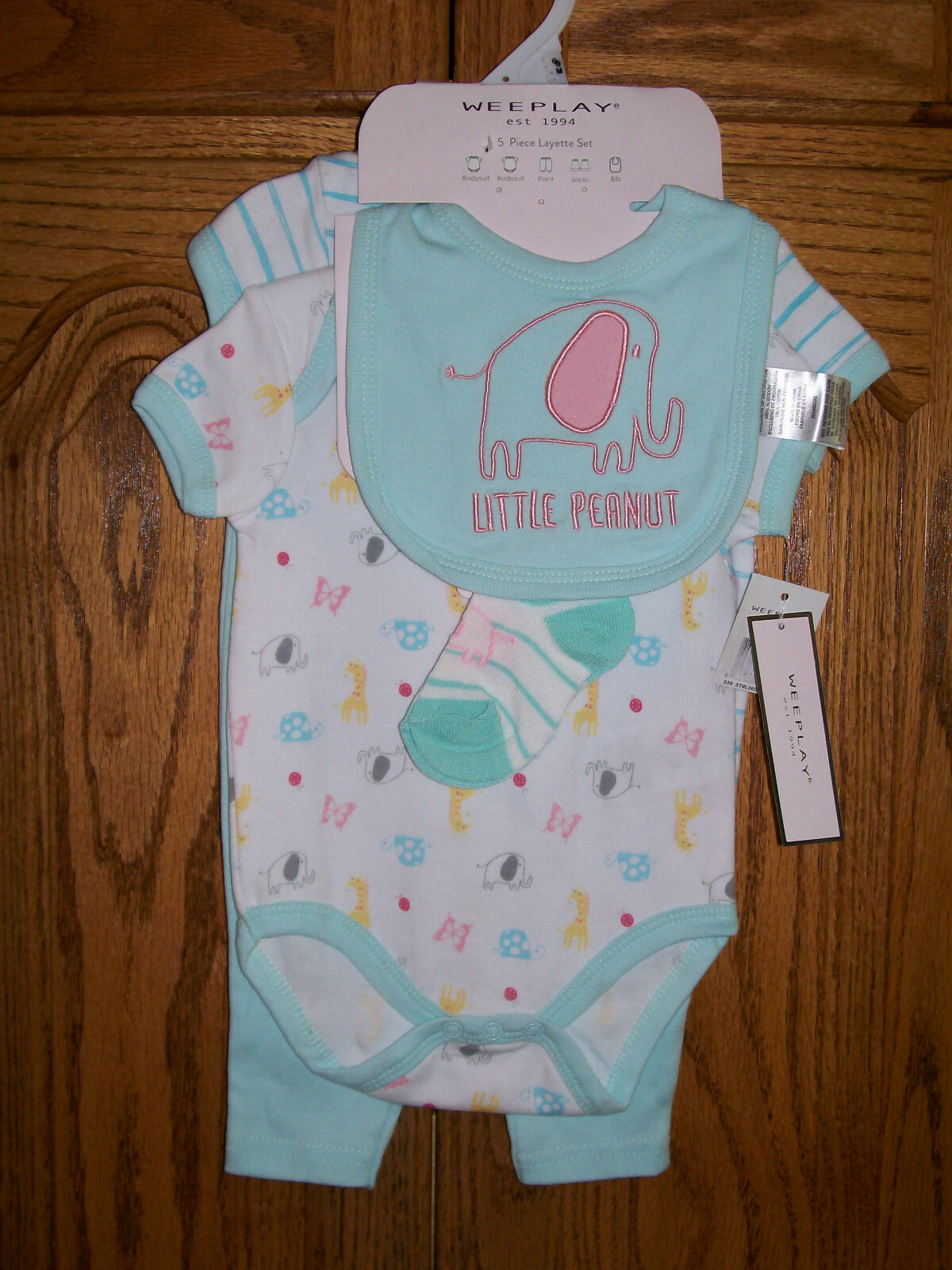 WeePlay Baby Girls Turtle-Y Awesome Bodysuit Pant Bib Socks 5 Pc Set 6-9 M NWT