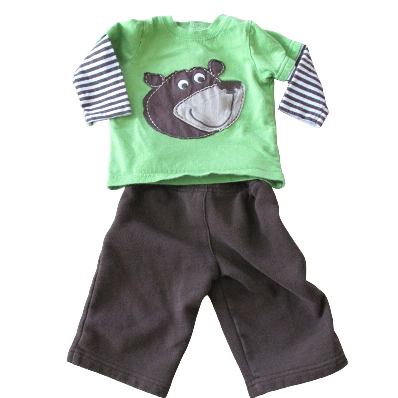 Carters 2 Pc Shirt Pants Outfit Boys 6M Brown Green Striped Long Sleeve Bear