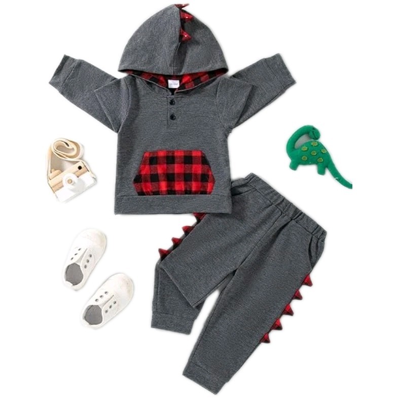 Boys Dinosaur Outfit 12-18 Months Gray/ Red Plaid
