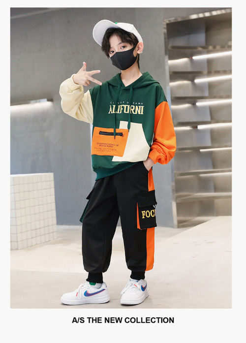 2PCs Children Clothing Fashion Patchwork Hooded Letters Print Sportswear Outfits