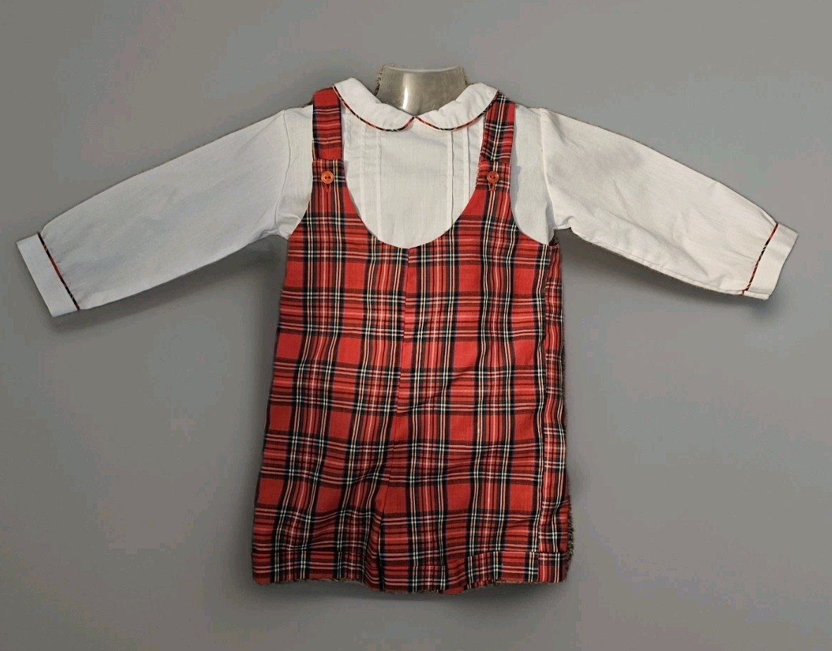 VTG Peaches N Cream Plaid Red Tartan Romper Peter Pan Collar Set Free Shipping