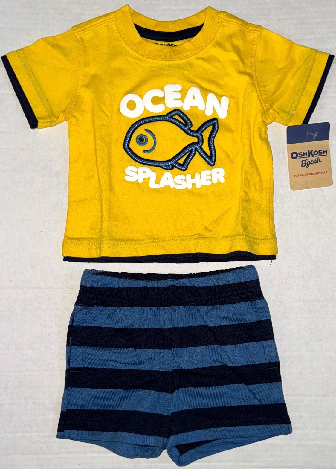 OSK KOSH KIDS 2 piece set yellow/blue/navy stiped FISH motif size 3 months