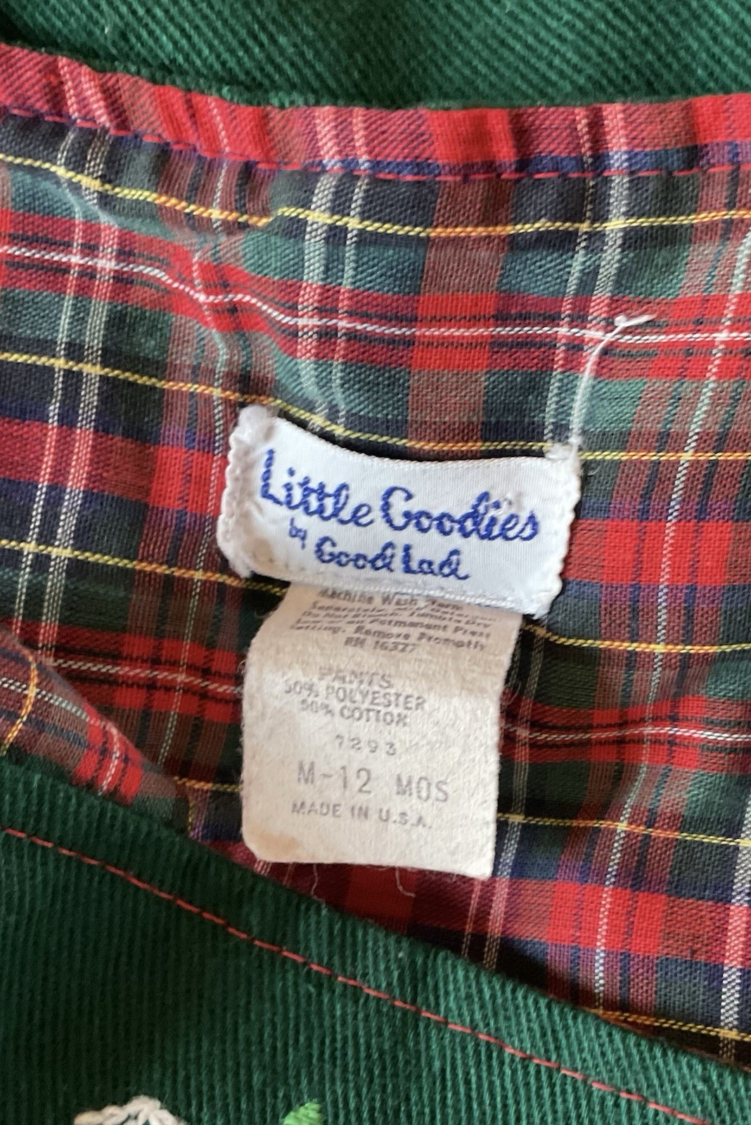 Vintage 90s Good Lad Christmas Green Red Plaid Overalls One-Piece Outfit 12M