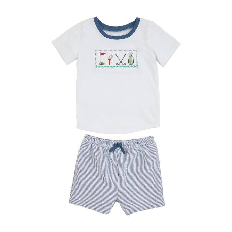 Mud Pie Junior Pro Shop Golf Smocked Blue Seersucker Shorts Set 12-18M 2T-3T