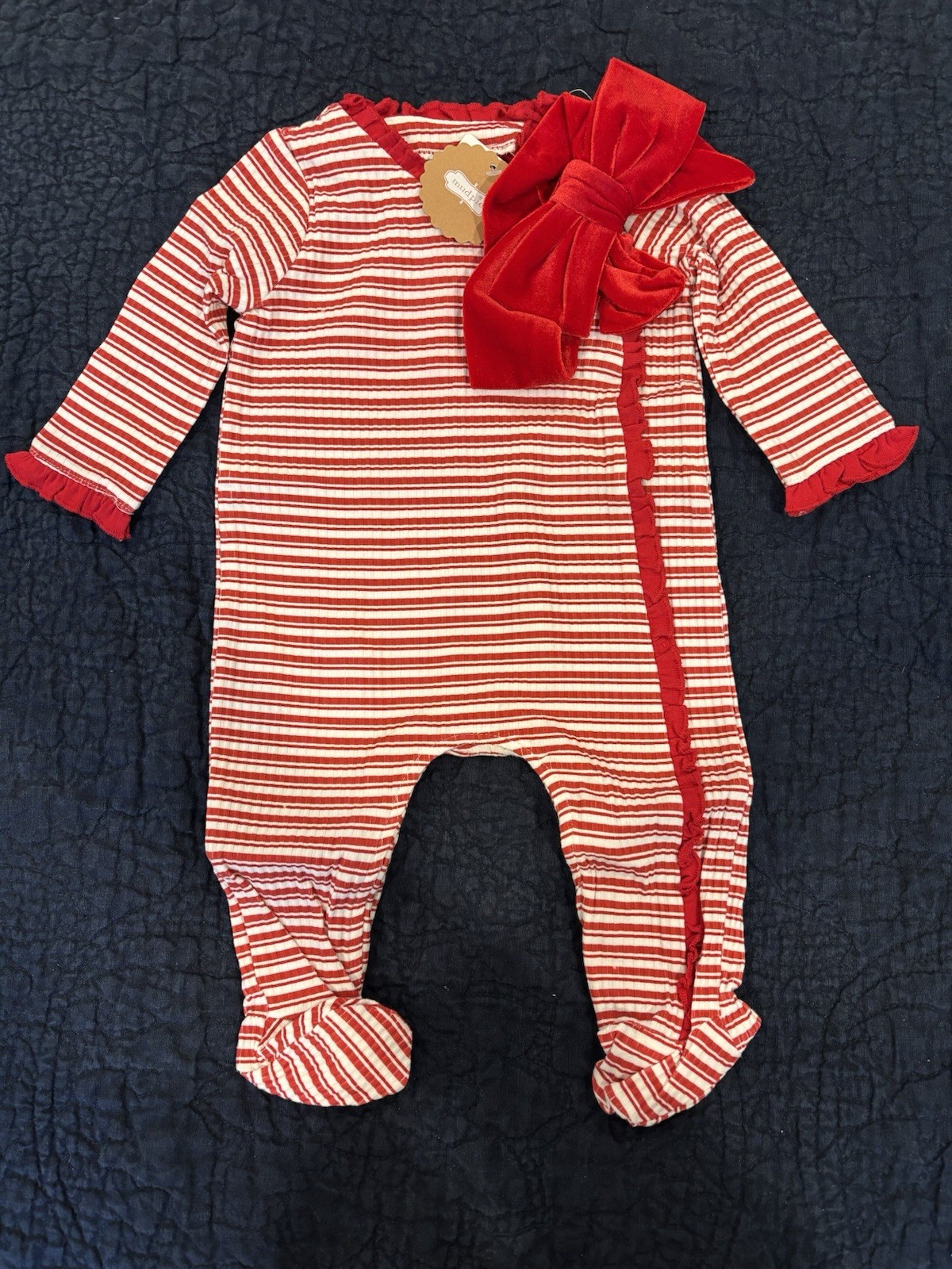 NWT Mud Pie Baby Girls Striped Christmas Holiday Sleeper & Headband 0-3 Months