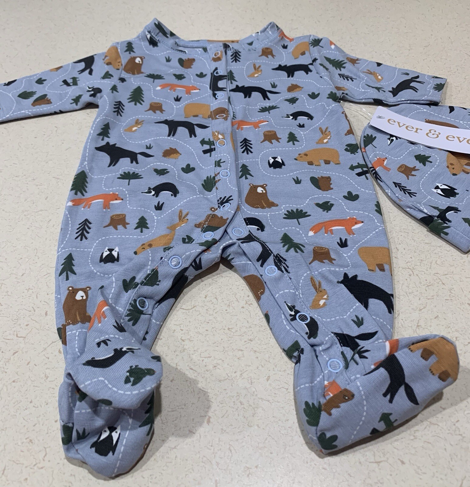 NEW Infant Baby Boy Sleep ‘n Play Jumpsuit w/ Hat Set Blue Tree Bear Fox Animals
