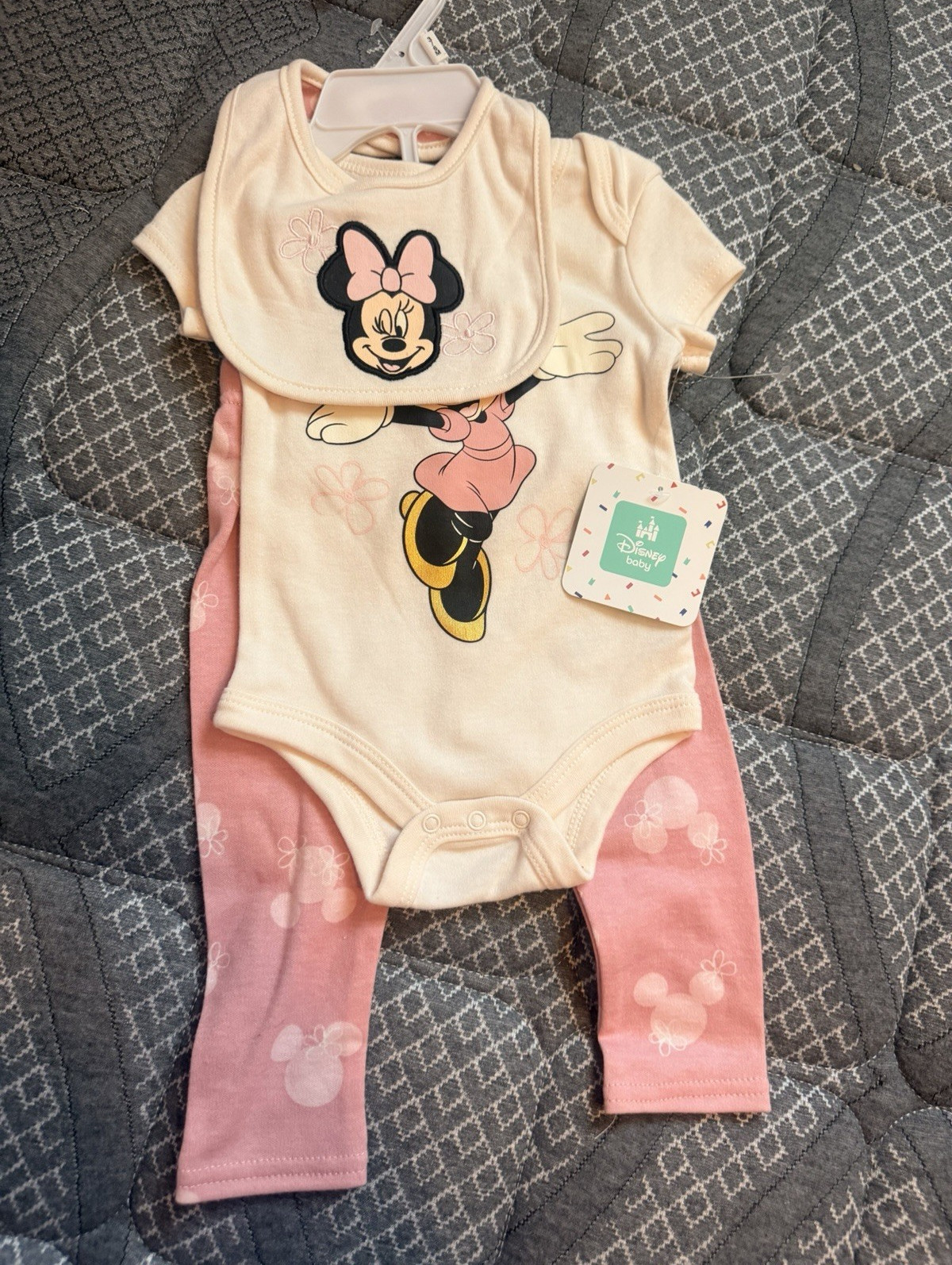 Disney Baby Minnie Mouse 3pc Short Sleeve Cotton Outfit Set Pink/Cream 3-6M