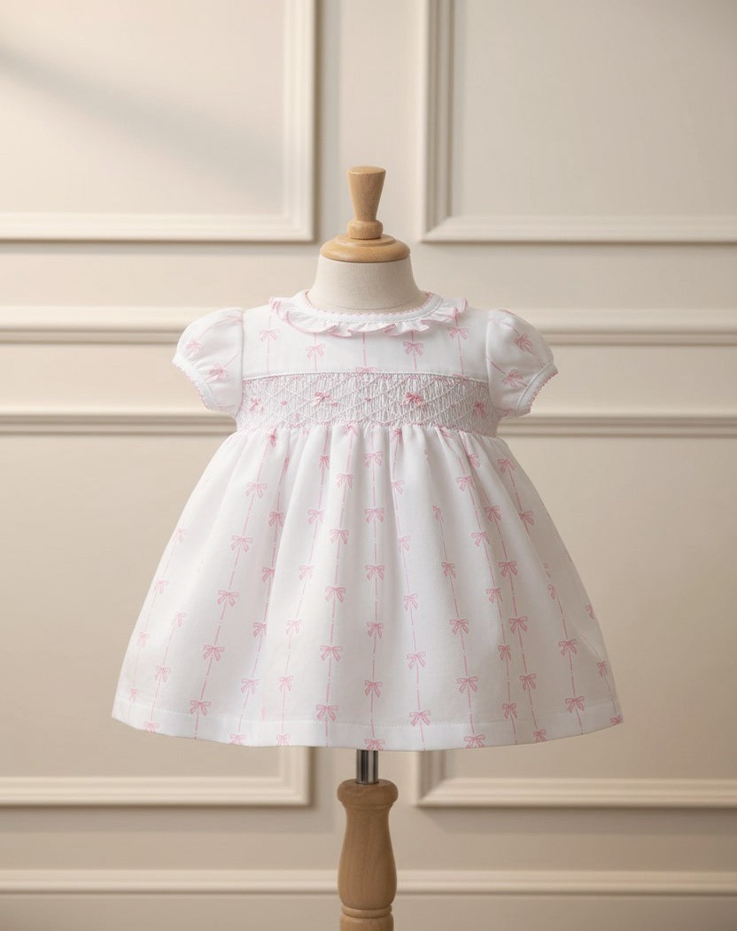 NWT Magnolia Baby White Pink Pima Cotton Bow Smocked Dress 9 Months 9M Girls