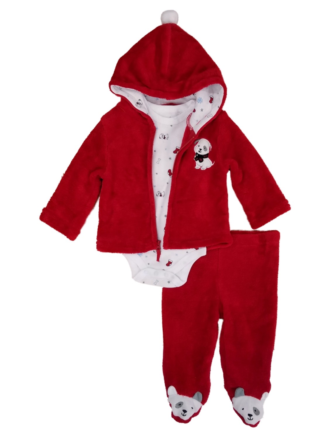 Infant Boys 3pc Baby Outfit Plush Red Puppy Dog Hoodie Pants & Bodysuit Set 6-9m