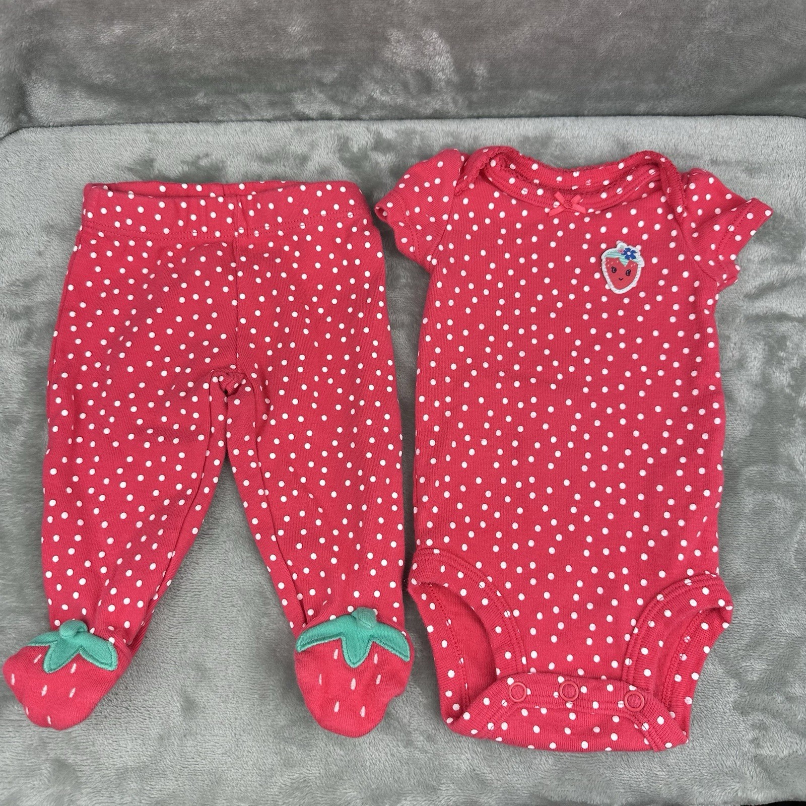 Carter’s Set Of 2 Bodysuit & Pants Girls Newborn Pink Polka Dots Strawberry