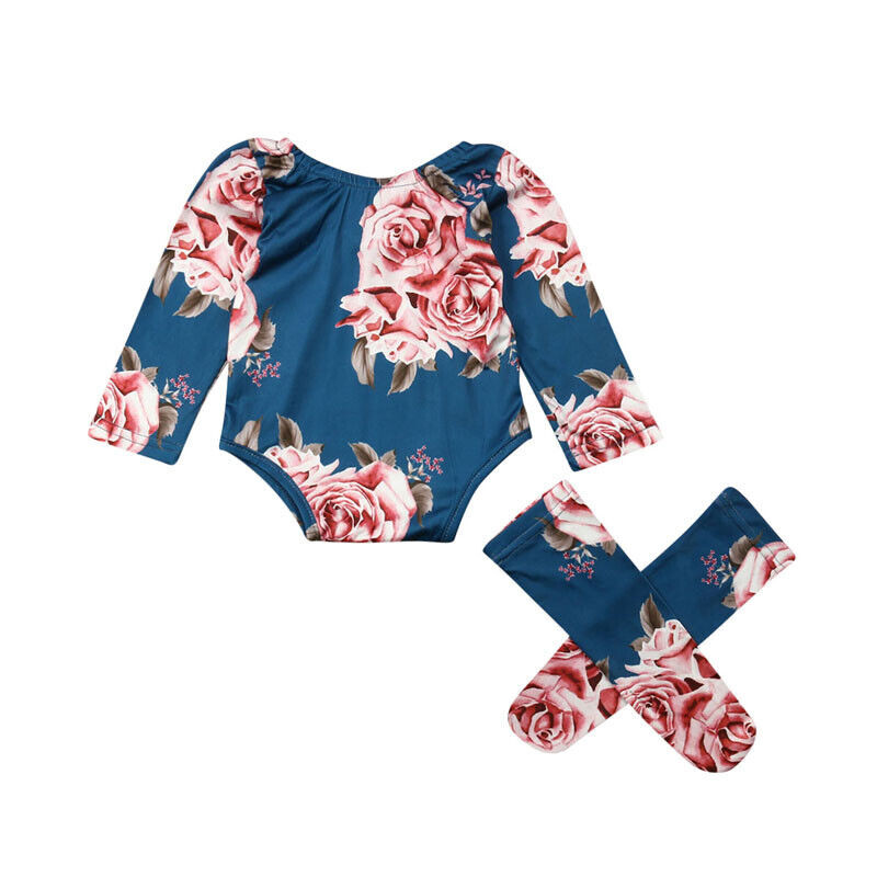 Newborn Baby Girl Clothes Floral Romper Jumpsuit + Leg Socks 2PCS Outfits Set