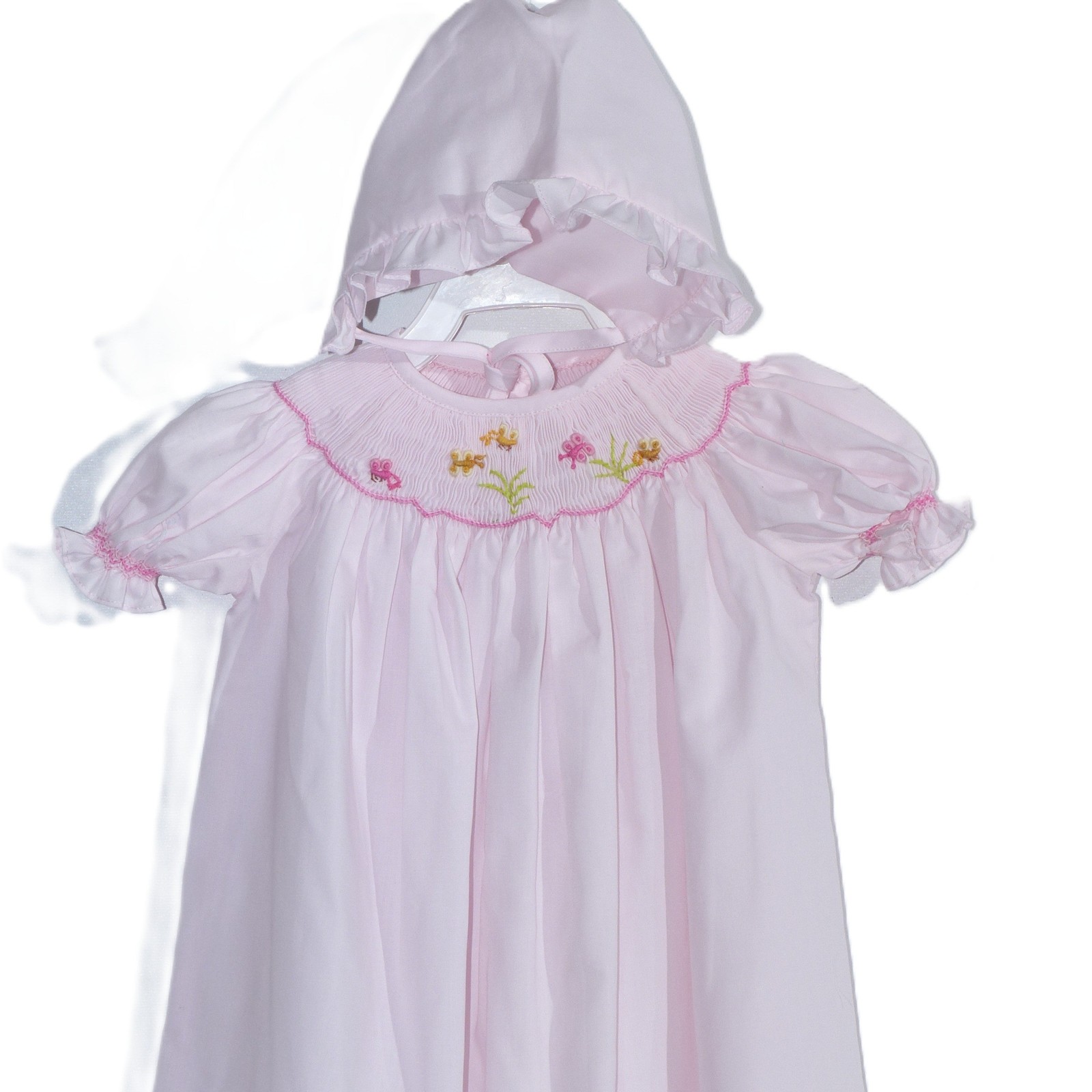 Pink Geometric Smocked with Flowers Short Sleeve Bishop Dress & Beautiful Bonnet