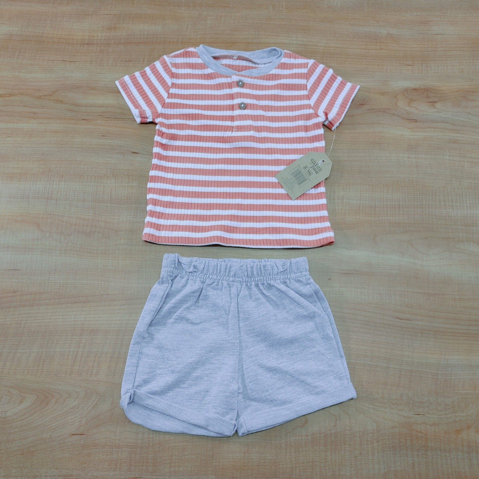 Chick Pea Baby Boys Orange Striped Henley Top and Grey Shorts Set 6-9M