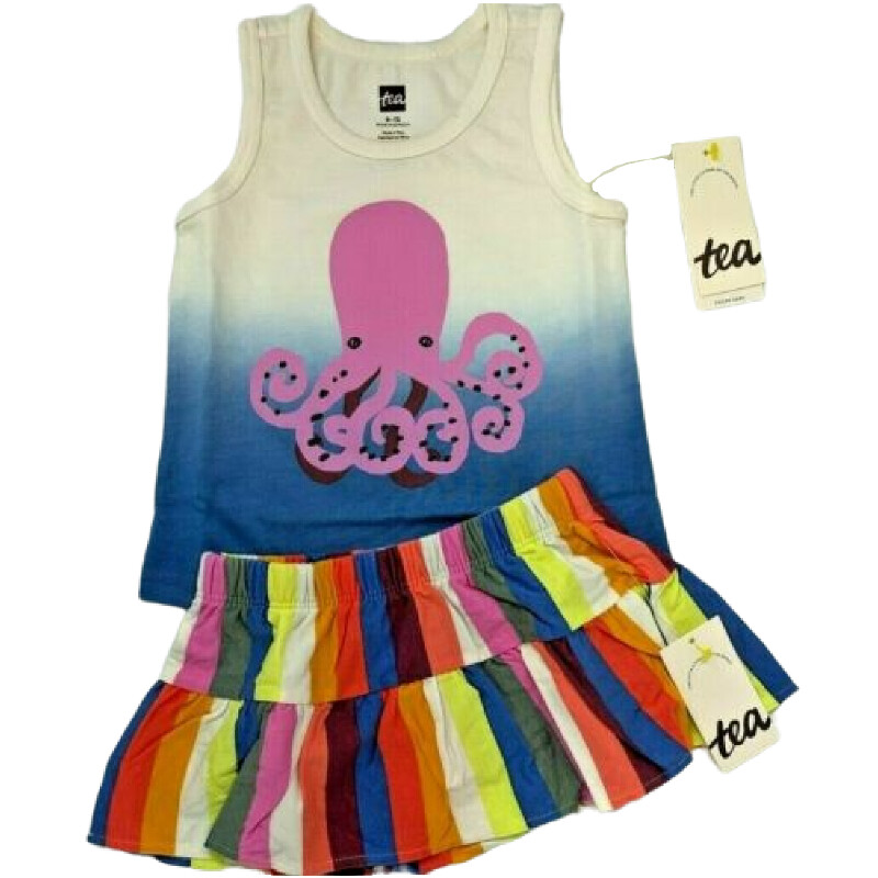 NWT Tea Collection Baby Girls 9-12 Month Octopus Tank Top and Striped Skirt Set