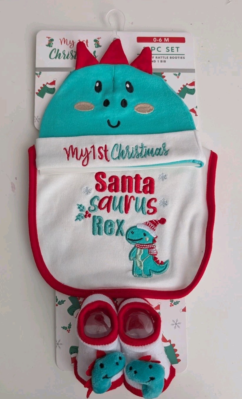 “My 1st Christmas Santa-saurus Rex” bib and rattle booties0-6 Months BIN 1