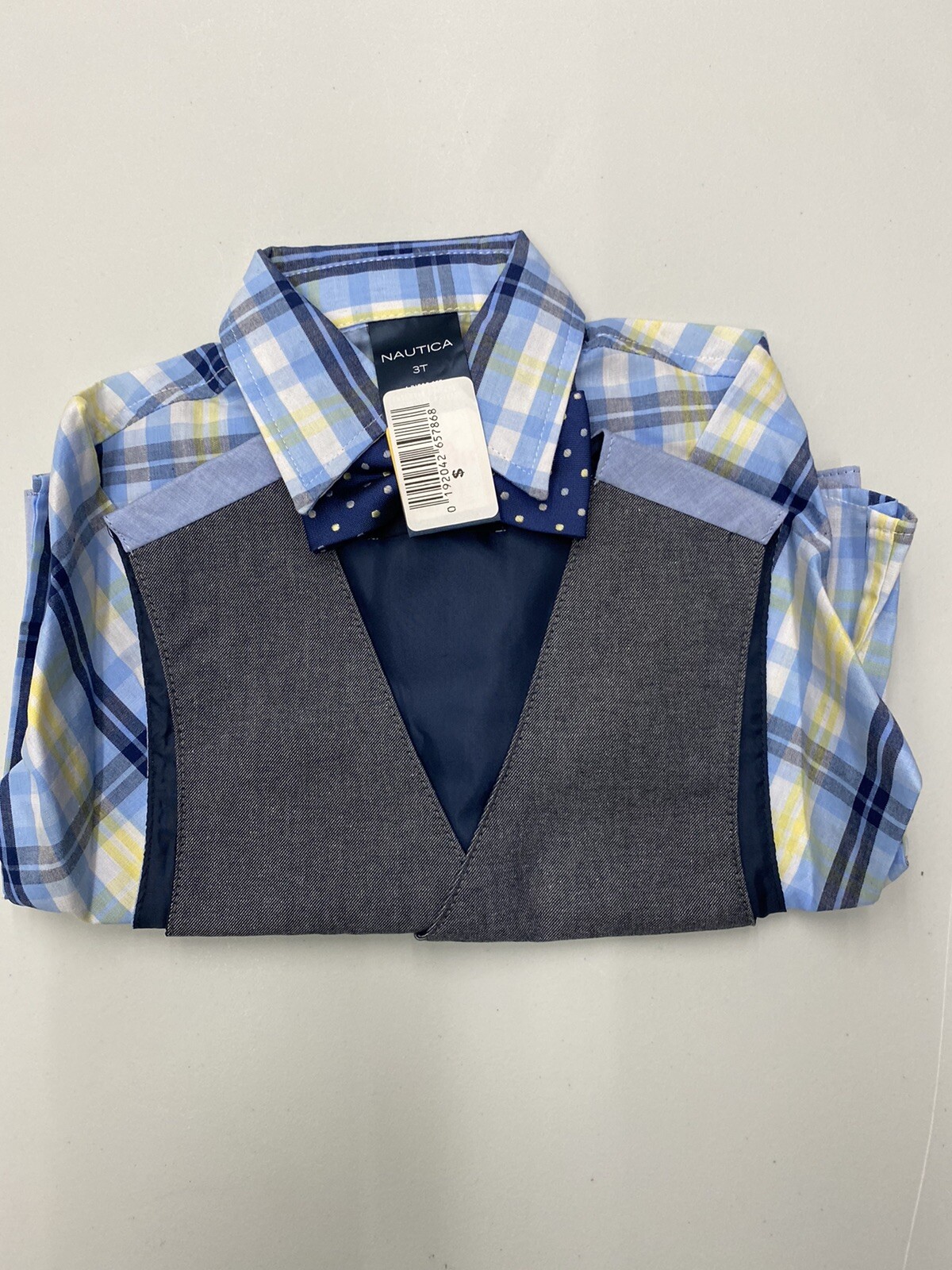 Nautica Boy’s 3 Piece Blue/Yellow Dress Shirt, Grey Vest Blue Bowtie Set Size 3T