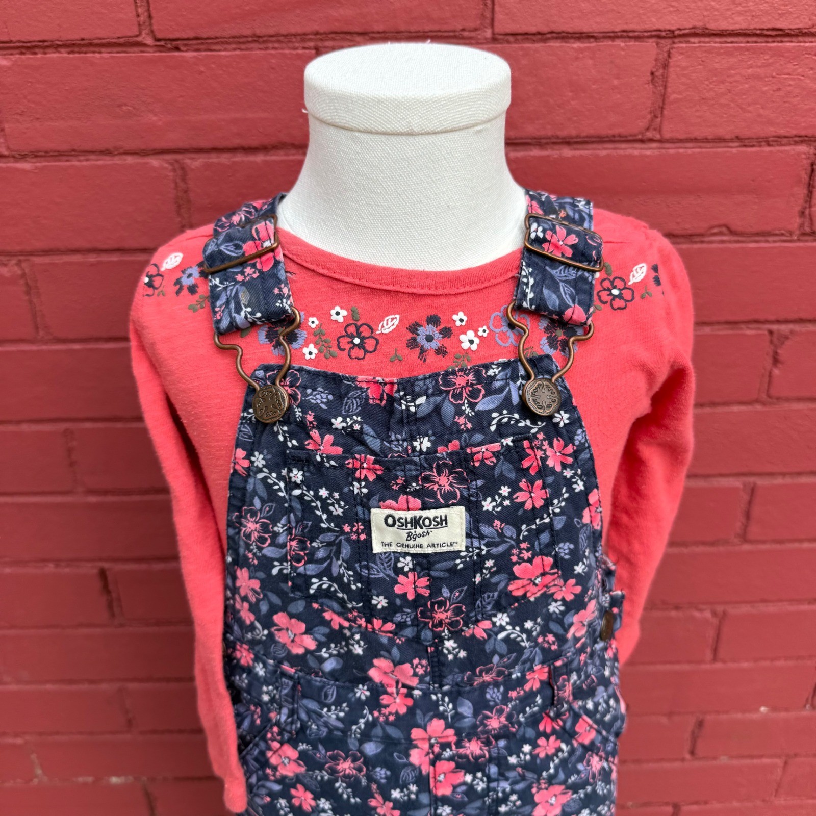 OshKosh Bgosh Floral Overalls Bodysuit Set Girls Size 24M Outfit