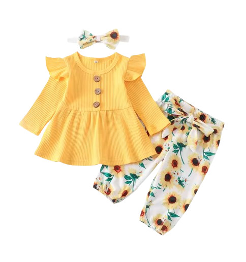 Newborn Baby Girl Yellow Set Solid Knitting Long Sleeve Tops Floral Print Pants