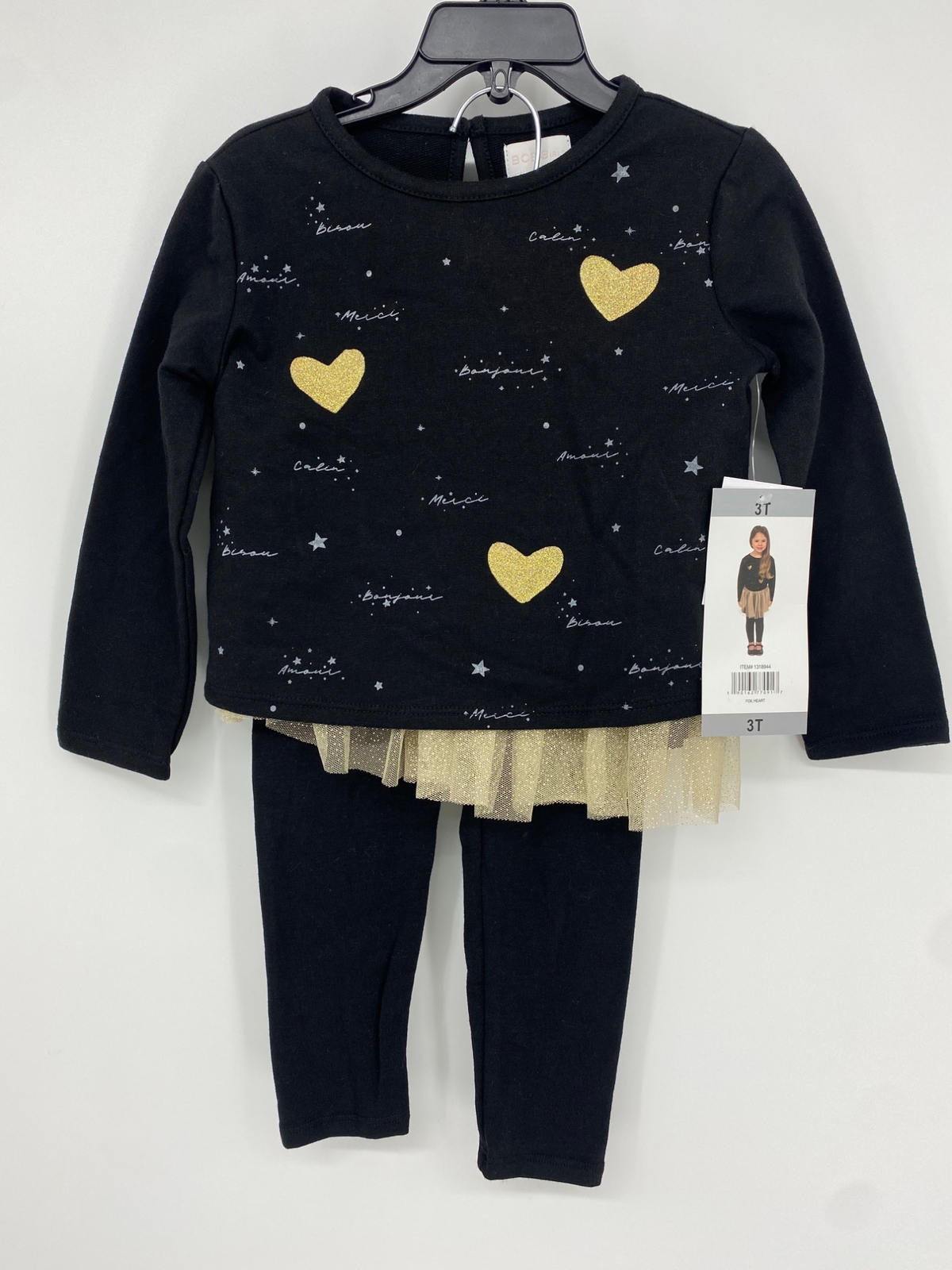 BCBG Girls’ Bonjour 2-Piece Top and Tutu Leggings Set Outfit Foil Heart NEW WITH
