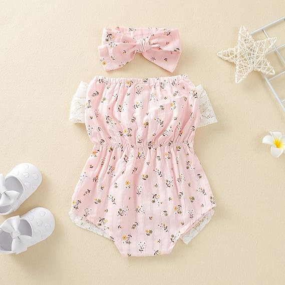 Newborn Infant Girl Floral Off Shoulder Romper Lace Jumpsuit Headband Outfit Set
