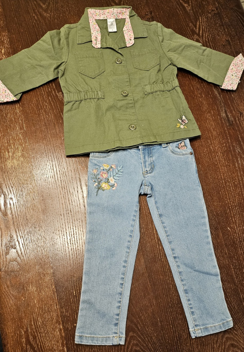 Carter’s Girls 2T 2Pc Outfit Olive Shirt Jacket & Floral Butterfly Jeans NWT