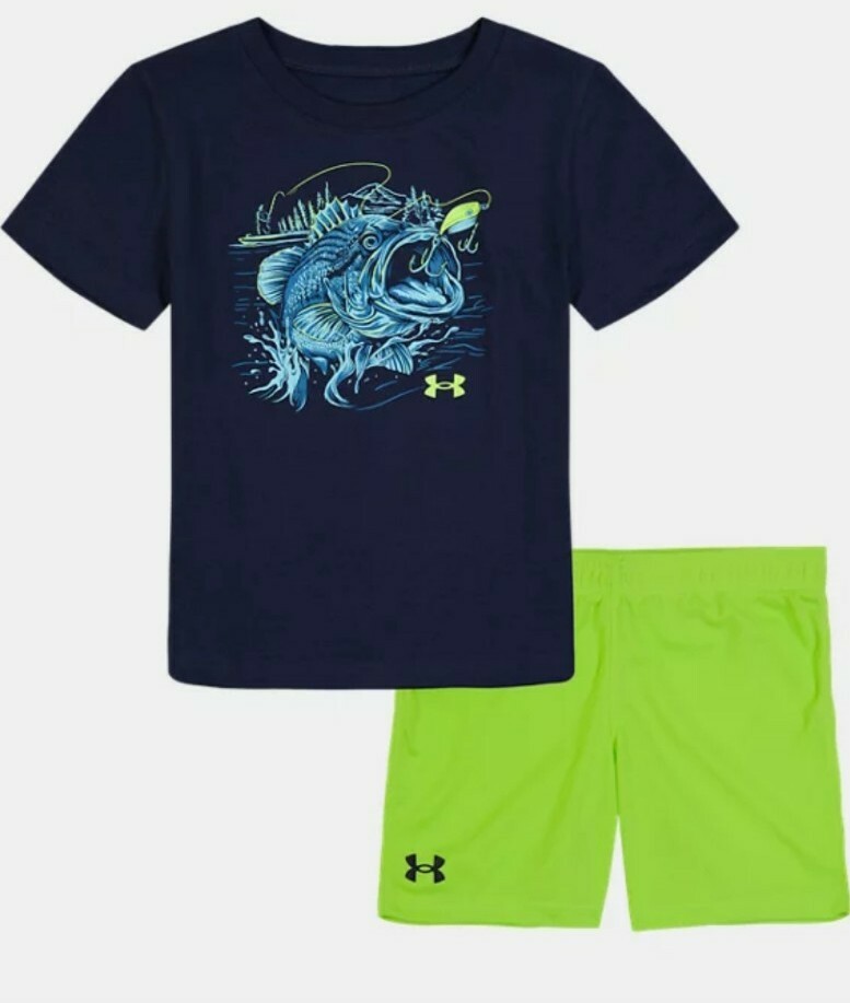Under Armour Toddler Boys Bass Cast Fish Fishing Shirt Short Set 2T NEW