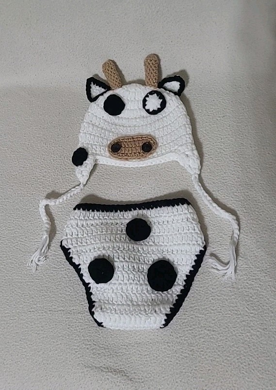 Crochet Baby Cow Outfit Hat Diaper Cover Newborn Black- Brown & White