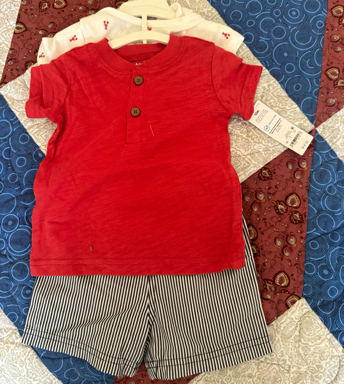 Carter’s Boys 12M 3-Piece Shorts Set Red Tee White Bodysuit Blue Striped