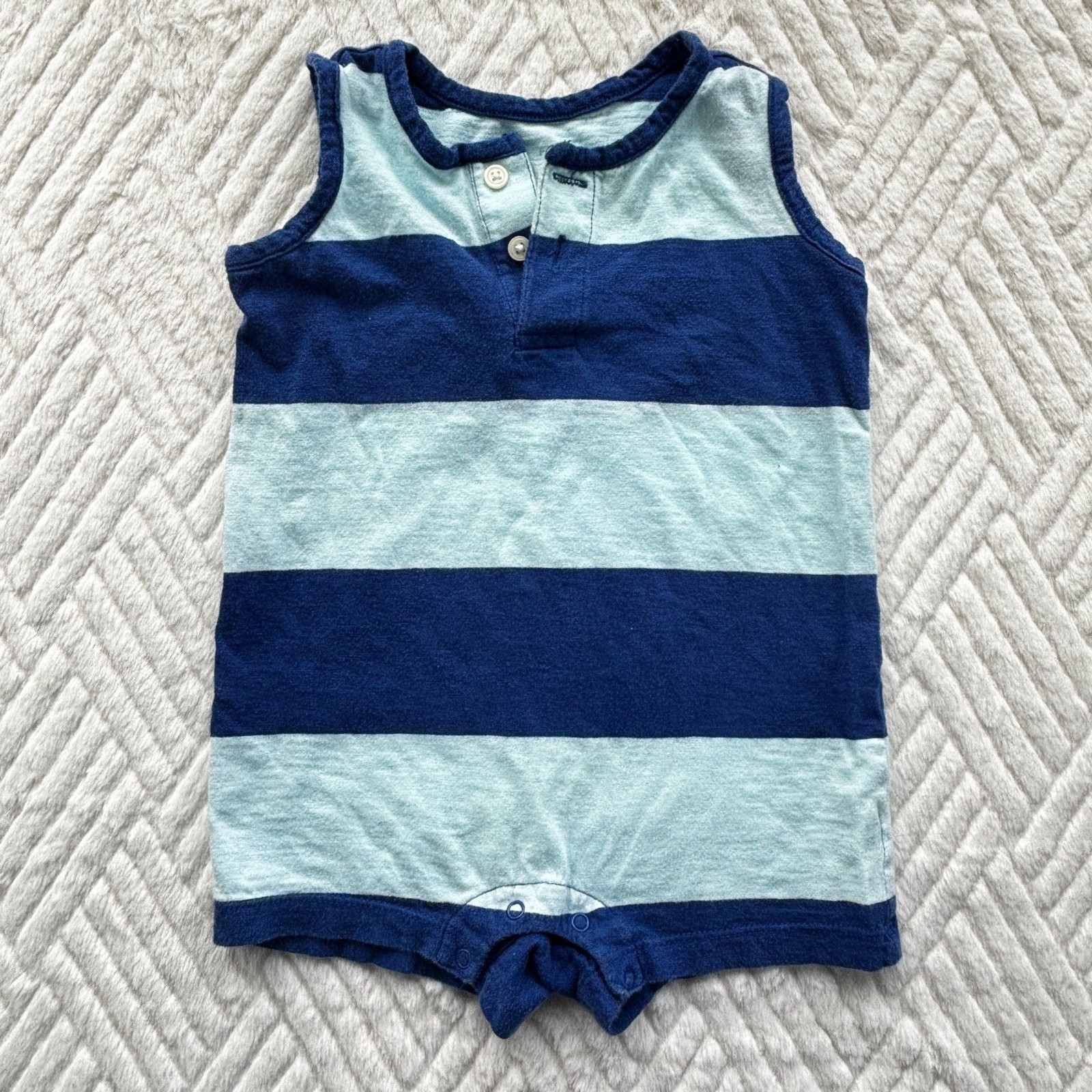 Primary 12-18M Blue Stripe Sleeveless Romper Henley Snap Baby Outfit